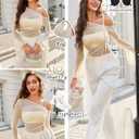 Avidlove Women Mesh Top Long Sleeve Rhinestone Tops Off Shoulder Bell Sleeve Drawstring Blouse Sheer Sparkly Shirt S-XXL (Champagne)