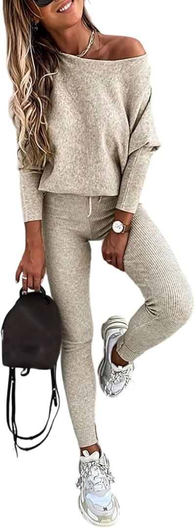 CHICME 2 Piece Lounge Outfit Long Sleeve Knit Pullover Tops Drawstring Pants Set Tracksuit Sweatsuit (Small, Beige)