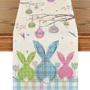 Artoid Mode Buffalo Plaid Bunny Egg Carrot Easter Table Runner, Seasonal Spring Kitchen Dining Table Decoration for Home Party Decor 13x72 Inch (Blue/Pink/Green)
