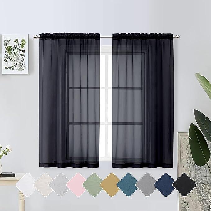 Lecloud Window Sheers 54 Inch Length, Airy & Lightweight Solid Black See Through Curtains for Bedroom Living Room, Soft Transparent Rod Pocket Short Bedroom Curtains 2 Panel Sets, 42" Wx54 L Inches