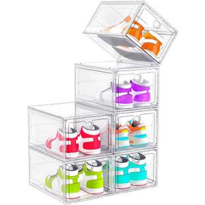6 Pack Upgrade Harder Shoe Organizer, Shoe Storage with Magnetic Front Door, Clear Shoe Boxes Foldable Space-Saving Shoe Rack for Sneaker Boot Container, White