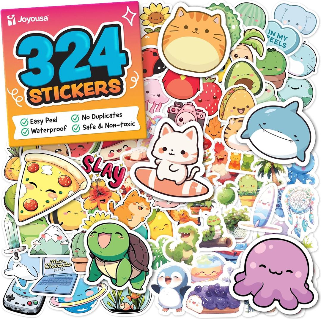 Cute Stickers for Kids - Kawaii Water Bottle Stickers for Teens - 324pc Sticker Pack - Waterproof Vinyl Stickers for Water Bottles, Scrapbook, Laptops, Etc. (324pc Bulk Value Variety)
