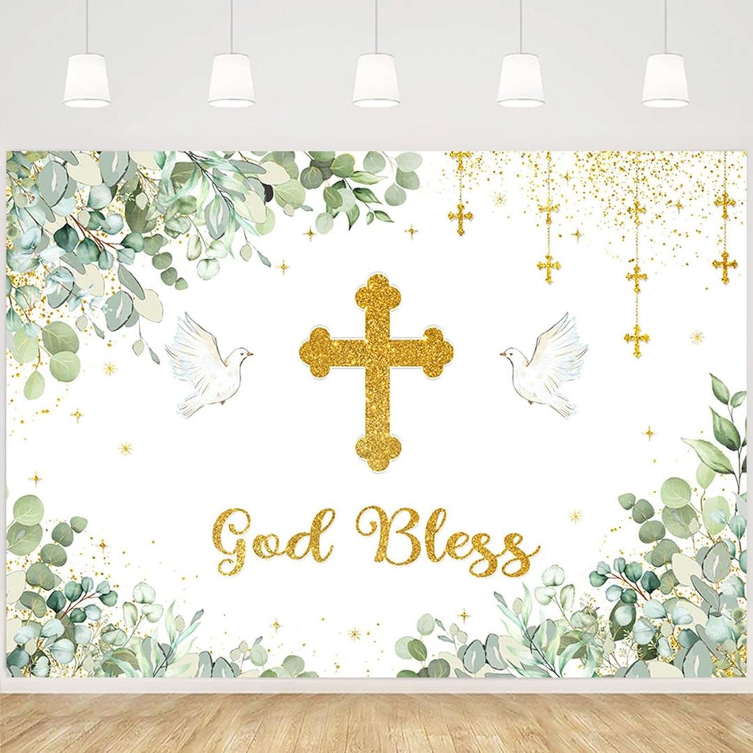 MEHOFOND God Bless Backdrop Greenery First Holy Communion Baptism Christening Party Decorations Green Eucalyptus Baby Shower Party Banner Photo Shoot Props