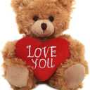 Plush Stuffed Animal Mocha Heart Bear  Love You Bears- Toy for Kids & Adults Valentine's Day - Embroidered Heart Pillow (9 inch, Love You)