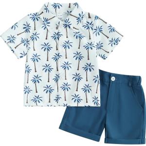 Baby Boy Hawaiian Clothes Short Sleeve Tropical Tree Button Down Shirt Bermuda Shorts Kids Summer Gentleman Outfit (White-Blue Tropical Tree, 2-3 Years)