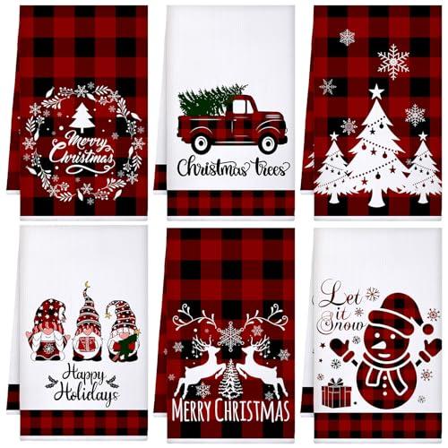 Sratte 3 Pcs Christmas Kitchen Towels Red Black Buffalo Plaid Tea Dishtowels Absorbent Winter Gnome Truck Snowman Bathroom Hand Towels for Xmas Kitchen Bathroom Decoration Farmhouse Housewarming Gift