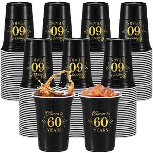 100 Pcs Cheers to 30th 40th 50th 60th Years Birthday Cups, Birthday Decoration Men 16 oz Disposable Plastic Cups Black Gold Hot Cold Drinks Cup for Women Anniversary Supplies(60 Years)