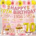 24 Pcs 70th Birthday Decorations for Women, Back in 1956 Party Supplies, Pink Gold 70th Birthday Banner Backdrop Hanging Swirls Balloons Honeycomb Centerpieces Sash