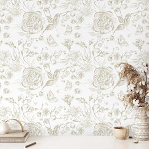 Floral Peel and Stick Wallpaper Boho Beige Contact Paper Neutral Farmhouse Vintage Wall Paper Removable Self Adhesive Wallpaper Bedroom Cabinet Bathroom Waterproof Vinyl Roll 17.3" x 197"