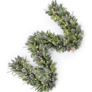 AMERZEST 9Ft PreLit Christmas Garland, Plug in, Green, 50 White Lights, Fireplace Stairs Mantle Door Indoor Outdoor, Decorated Pine Cone and Snow Style