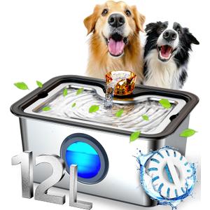 Large Dog Water Fountain SS304,12L Ultra-Purification Pet Drinking Dispenser with Visual Window,Widely Drinking Area,Deep Purification Filter,Triple Waterfall Structure,Low Water Indicator