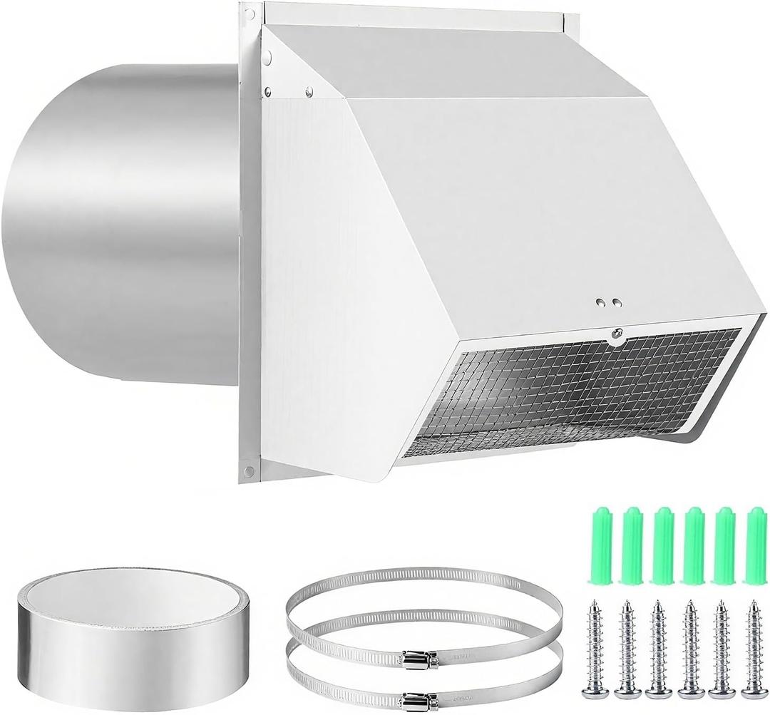 4 Inch Wall Vent Cover with Screen and Damper,Heavy Duty Stainless Steel Exhaust Vent Cover Cap,Dryer Vent Pipe is 81/4 inch and Long Enough for House White