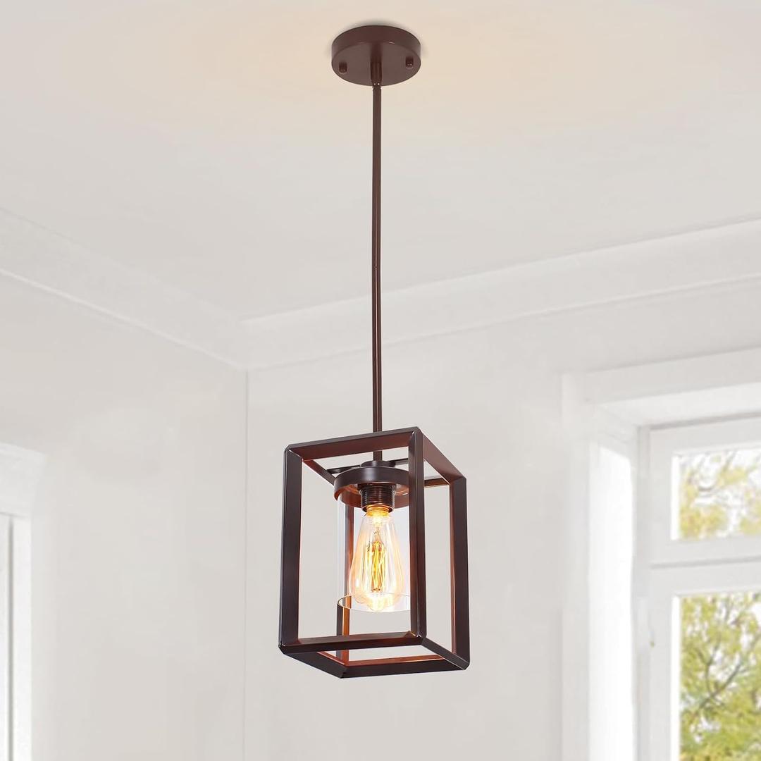1-Light Oil Rubbed Bronze Pendant Light Fixture, Farmhouse Iron Cage Metal Pendant Light, Lantern Pendant Lighting with Clear Glass Shade for Kitchen Island Entryway Dining Room Hallway