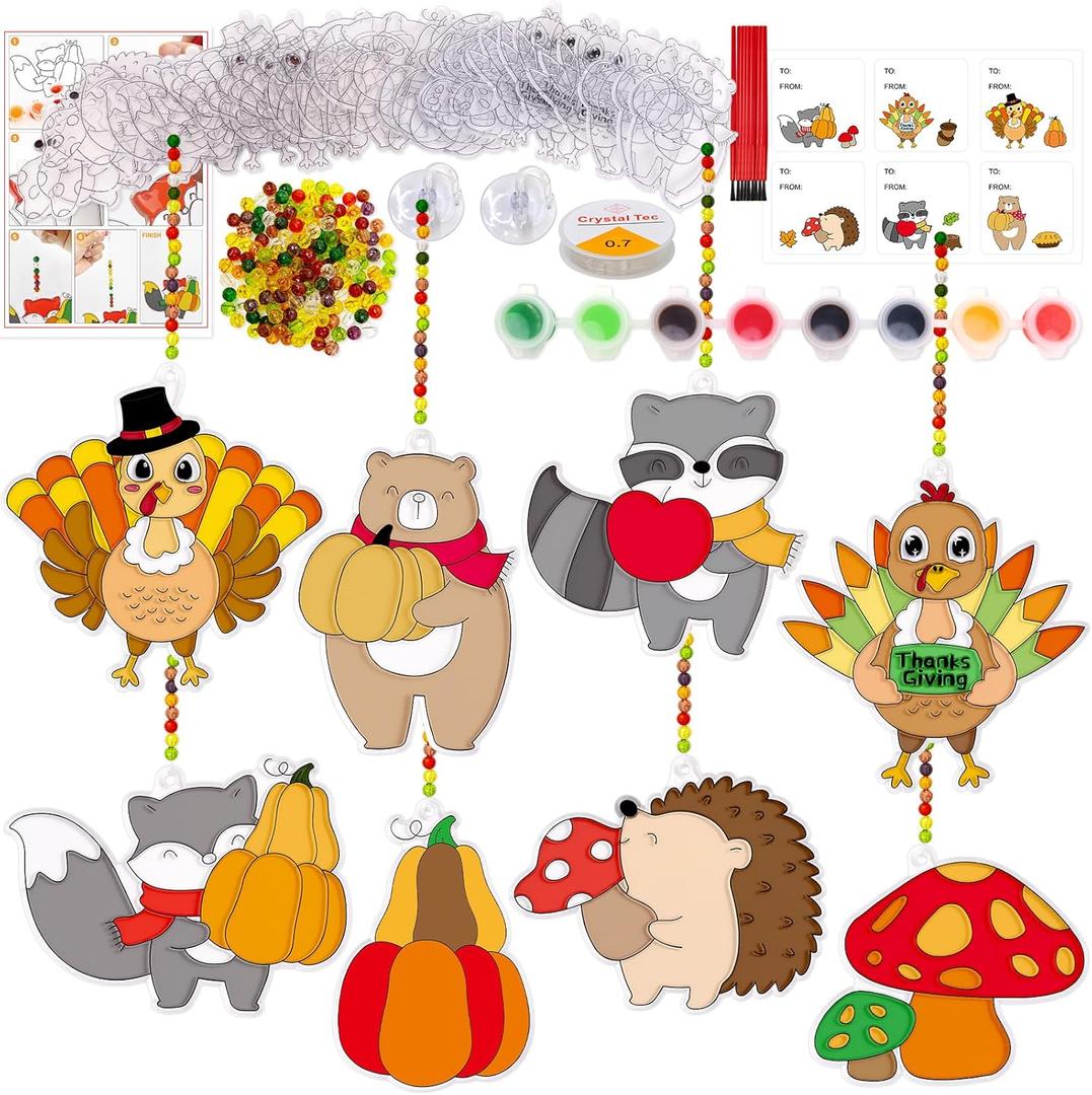 WorldBazaar 24 Sets Thanksgiving Suncatchers Craft Ornament Thanksgiving Animal Window Paint Art Suncatchers Craft Kits for Kids Fall Suncatcher Decorations Classroom Harvest Party Arts and Crafts