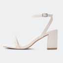 LACUONE Strappy Heels for women Block Chunky Heels Ankle Buckle Square Toe Heeled Sandals (9.5,Pearl White)