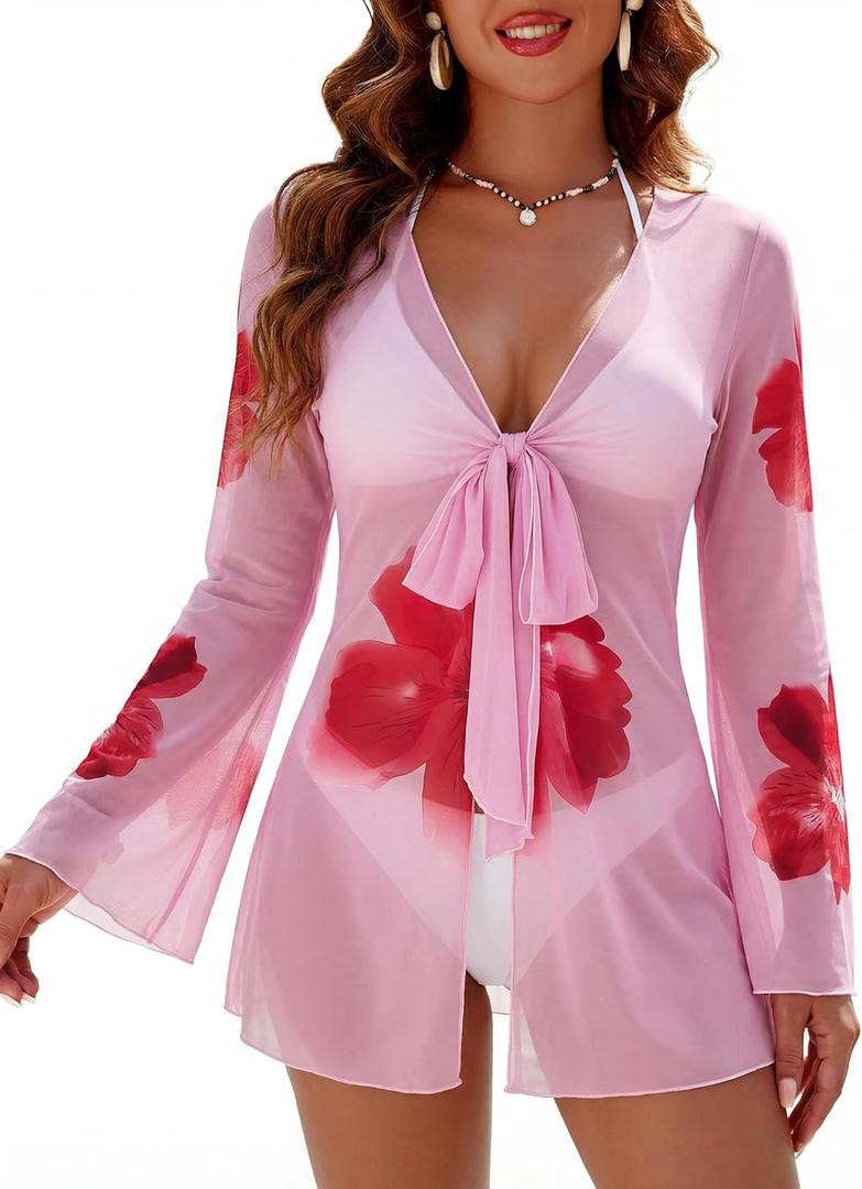 Blooming Jelly Womens Bathing Suit Cover Up Mesh Swimsuit Coverup Swimwear Floral Hawaiian Summer Beach Dresses 2026 (Medium, Hot Pink)