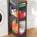 Slim Storage Cart 4 Tier Laundry Cart with Wheels, Narrow Metal Kitchen Rolling Carts Bathroom Organizers Storage Shelf with Wood Rack and Handle for Small Space, Black