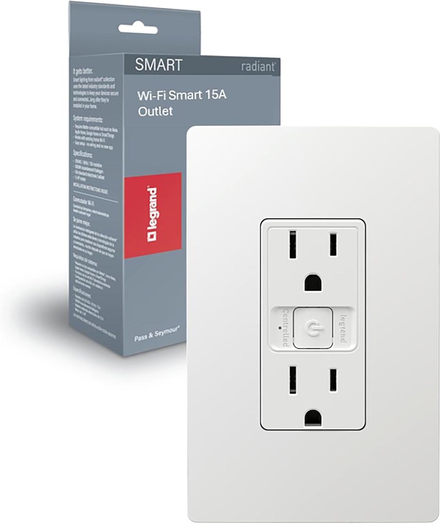 Legrand Radiant® Wi-Fi Matter Smart Outlet 15A, Effortless Setup, Enhanced Compatibility with Apple HomeKit, Google Home, Alexa & SmartThings, Easy Wi-Fi Connectivity with Matter, Pack of 1