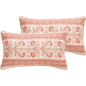 Design Euro Linen Rectangle Throw Pillow Covers 12"x20" Pack of 2, French Country Cushion Covers with Orange Morris Floral Pattern Decoration Pillowcases for Bed, Living Room, Outdoor, Car
