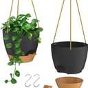 ZMTECH 6.5 Inch Hanging Planters for Indoor Outdoor Plants, 2 Pack Self Watering Hanging Plant Pots with Drainage Holes and Removable Saucer, Plastic Flower Hanging Pots with Watering Lip (Black)