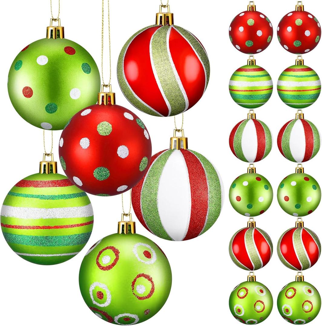Jetec 12 Pcs Lime Green and Red Christmas Ball Ornaments for Tree 2.4 Inch Polka Dots Stripes Christmas Decorations Shatterproof Peppermint Candy Cane Xmas Baubles for Tree Home Wreath Party Decor