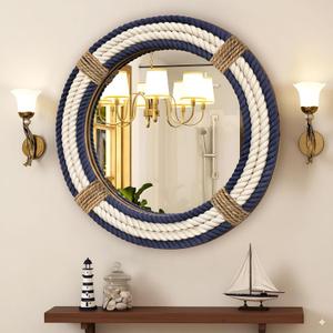 Vercraft Nautical Coastal Mirror 24 Wall Decor with Rope Wrapped Trim and Hanging Loop Round Circle Nursery Mirror Nautical Boho Rustic Decorative for Living Room, Bedroom Blue and White