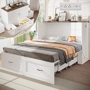 KCGKCG Murphy Bed with Storage & Charging Station, Queen Murphy Cabinet Bed with Large Storage Drawer for Guest Bedroom, Living Room, Office or Small Room, Full Foldable Platform Bed (White, Queen)