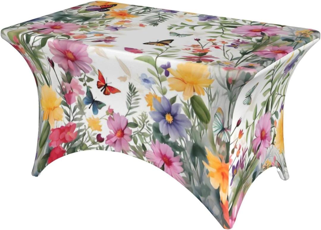 Flowers Butterfly Spandex Tablecloth for Rectangular Tables, Fitted Tablecloth 4FT Stretch Spandex Table Covers for Folding Tables, Wrinkle Resistant Table Protector for Party Weddings BBQ