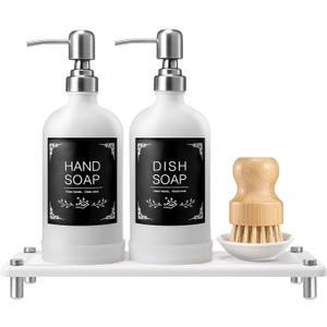 Kitchen Soap Dispenser Set, 16Oz White Glass Dispenser with Stainless Steel Pump, Instant Dry Tray, Waterproof Labels, Non-Slip Silicone Pad, Luxury Soap Dispenser Set for Kitchen, Bathroom