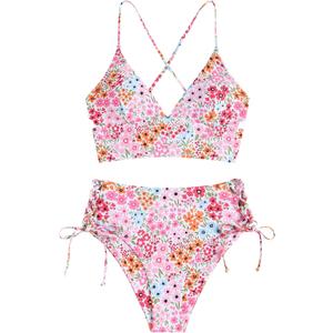 ZAFUL Women Tankini Set, Ribbed High Cut Surplice Swimsuit Bathing Suit with Spaghetti Straps Large
