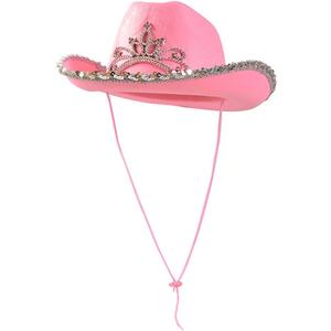 Funny Party Hats - Pink Cowgirl Hat With Blinking Tiara - Children's Party Hat - Girls Cowboy Hat - Rodeo Princess - Texas Rancher Style - Halloween & Birthday Fun