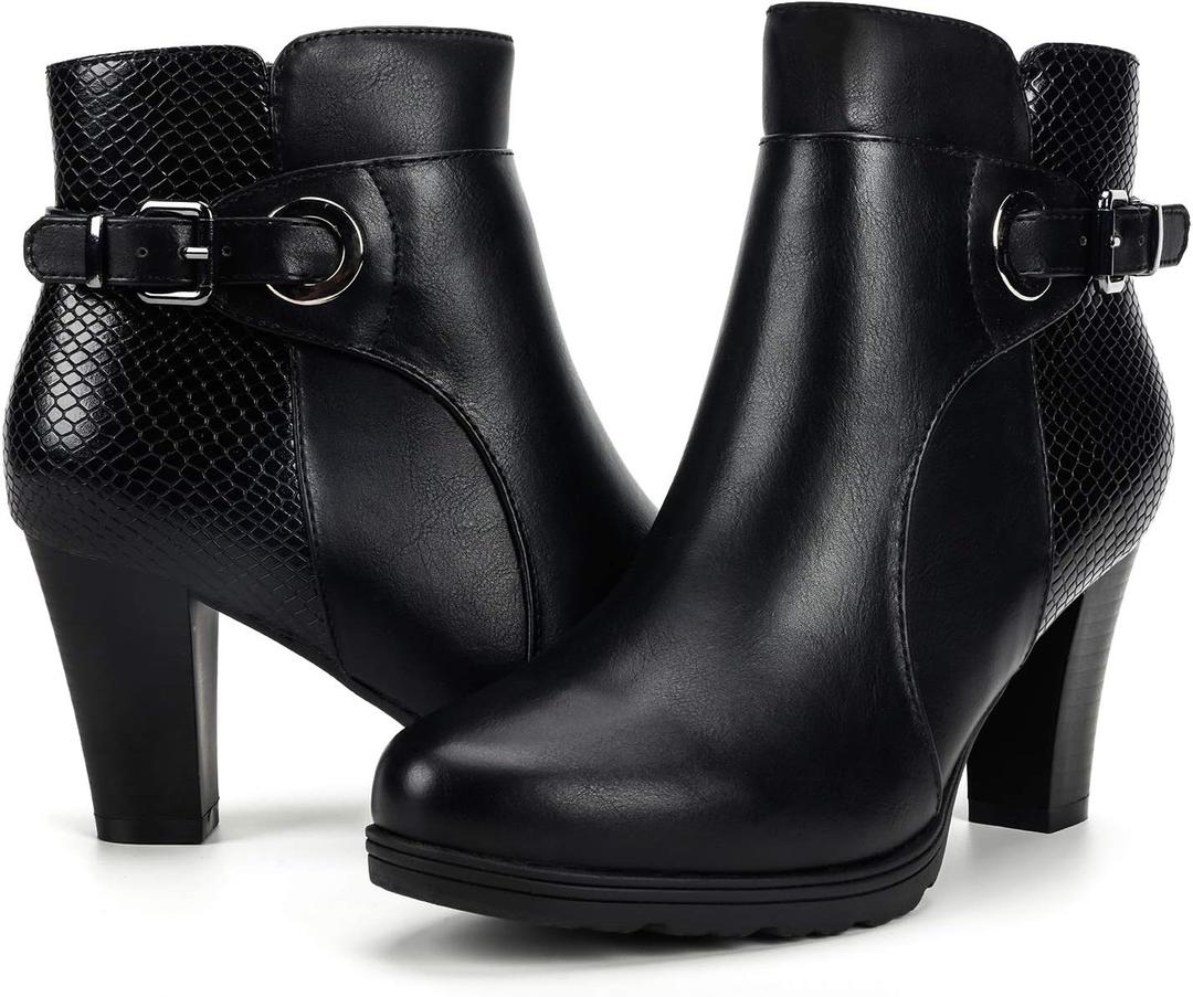 mysoft Women's Zipper Booties Chunky Stacked Heel Ankle Boots Buckle Strap Ankle (8.5)