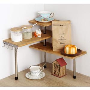 3-Tier Corner Shelf, Bamboo & Metal Storage Rack with Hooks, Adjustable Countertop Organizer for Kitchen, Bathroom, Bedroom or Office