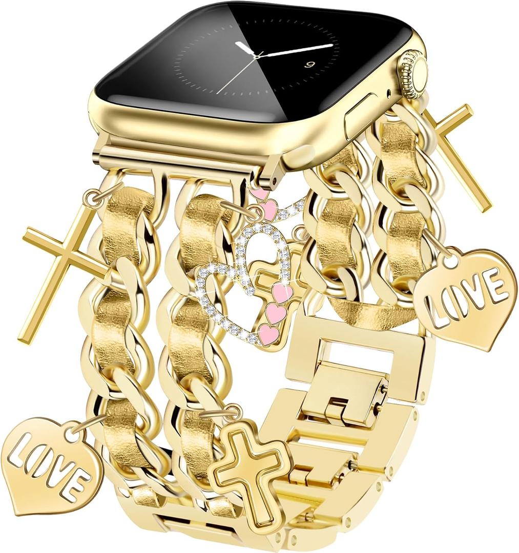 Gold Watch Bands for Women Compatible with Apple Watch Band 46mm 42mm(S3/2/1) 44mm 45mm 49mm Adjustable Unique Charms Metal Strap Chain Bracelet for iWatch Series 11/10/9/8/7/6/5/4/3/2/1/SE/Ultra