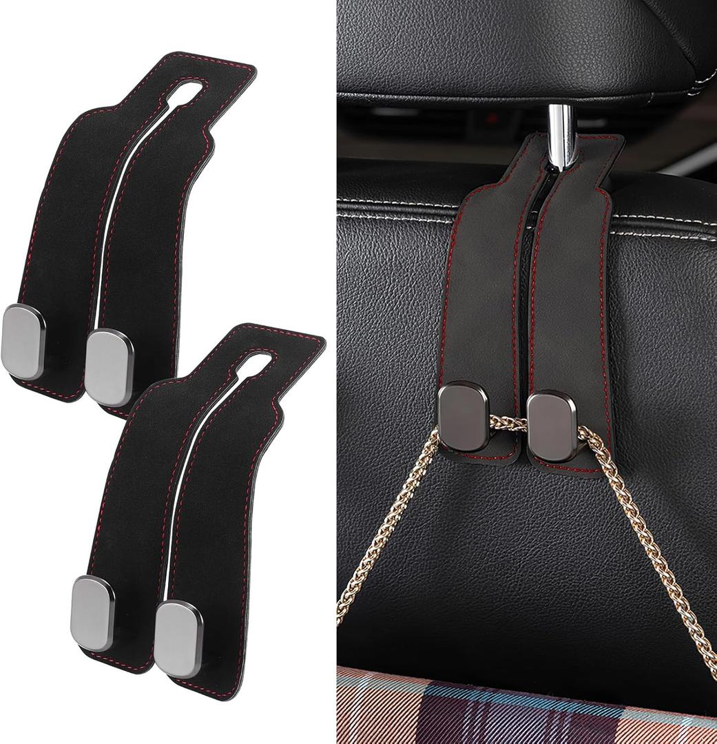 S SUNSBELL 2PCS Car Seat Back Double Hooks, Suede with Metal Car Seat Headrest Double Hooks, Mobile Phone Holder, Automotive Seat Back Organizers Car Headrest Support Hooks for Purses and Bags