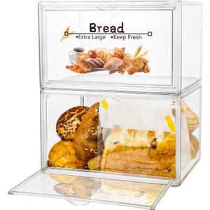 RISICULIS 2PCS Large Bread Box for Countertop, Stackable Double Layer Storage Container, Clear Boxes for Kitchen Counter, Bread Keeper for Homemade Bagel, Muffins, Rolls