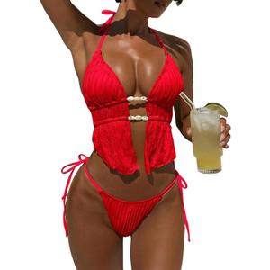 ZAFUL Halter Swimsuits for Women Textured Backless 2 Piece Bathing Suits Cheeky High Cut String Tie Side Bikini Sets, Red M