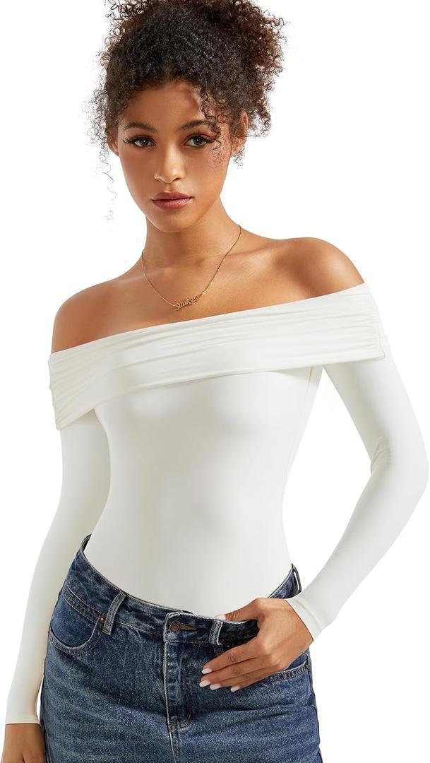 SUUKSESS Women Off the Shoulder Bodysuit Short Sleeve Strapless Thong Body suit (White, M)