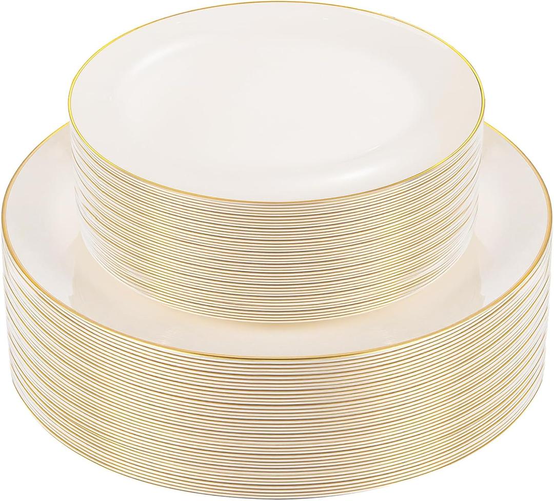 PULOTE 60 PCS Ivory Plastic Plates - Cream Plastic Disposable Include 30 Dinner and 30 Dessert Plates with Gold Rim - Ideal for Party & Wedding