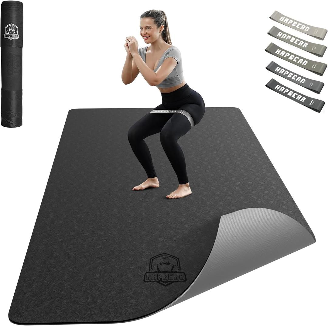 HAPBEAR Large Yoga Mat - 72"x36"x6mm (1/4 inch), Extra Wide Non-Slip Exercise Mat for Home Workout, Yoga, Pilates & Stretching, Durable & Eco-Friendly, Includes Bonus Resistance Bands & Carry Bag (Black/Gray)