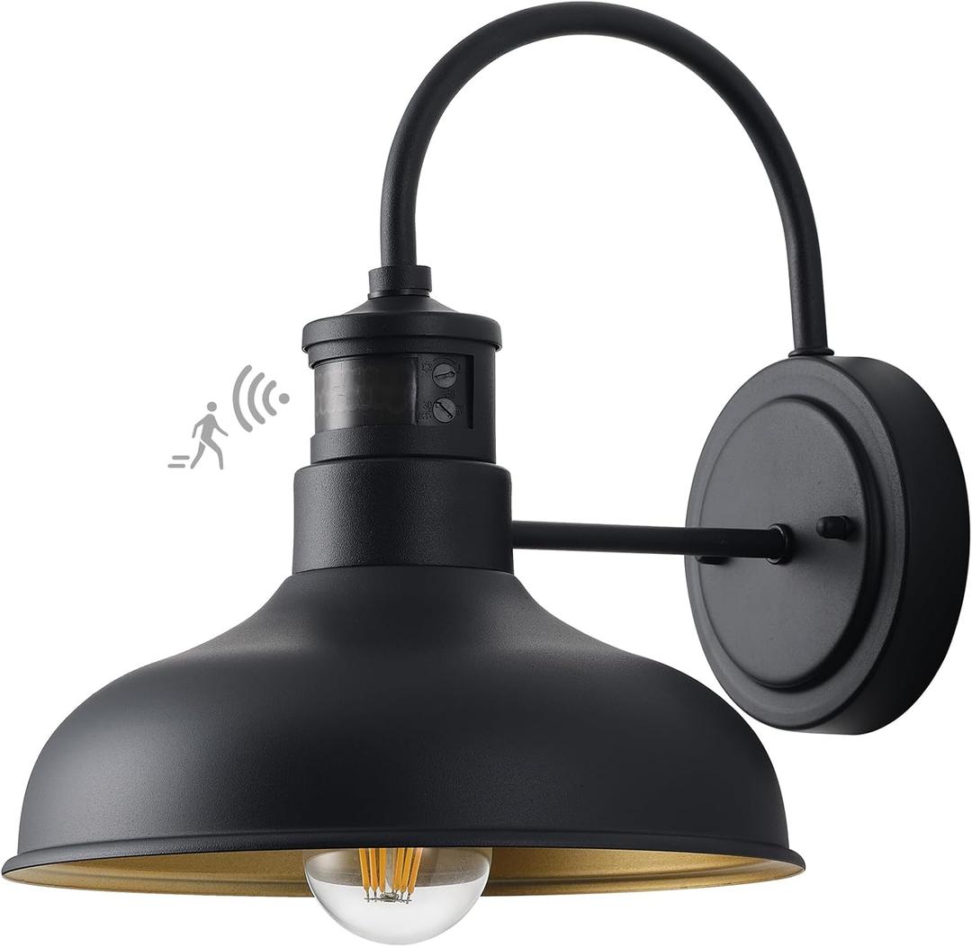 10in. Exterior Barn Style Motion Lights with Wall Mount, Dusk to Dawn Outdoor Motion Sensor Gooseneck Lighting Fixture for Farmhouse, Black Barn Porch Wall Lighting for Garage and House