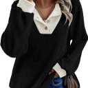 EVALESS Womens Spring Fashion 2026 Womens Long Sleeve Shirts Patchwork Button Up V Neck Sweatshirt Casual Pullover Tops (XX-Large, Black)
