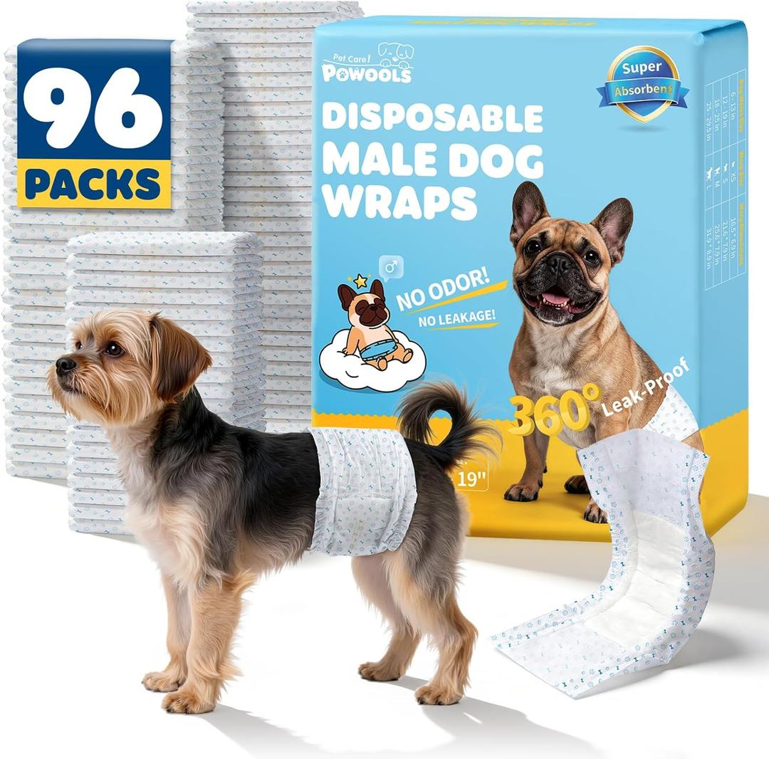 Powools Male Dog Wraps - 96 Count Disposable Dog Diapers Small Size with Wetness Indicator, Leakproof & Comfortable, Highly Absorbent Belly Bands for Training, Incontinence, Travel, Small