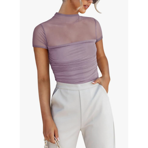 REORIA Women's Sexy Mock Turtle Neck Short Sleeve Shirts Sheer Mesh Ruched Trendy Going Out Bodysuits Tops, M