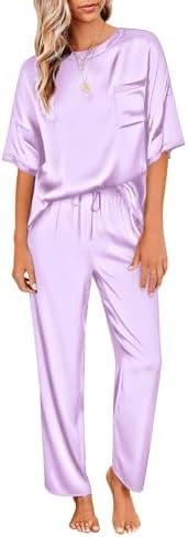 Ekouaer Womens Satin Silky Pajama Set Short Sleeve Shirt with Long Pajama Pant Set Soft PJ Loungewear Size Large
