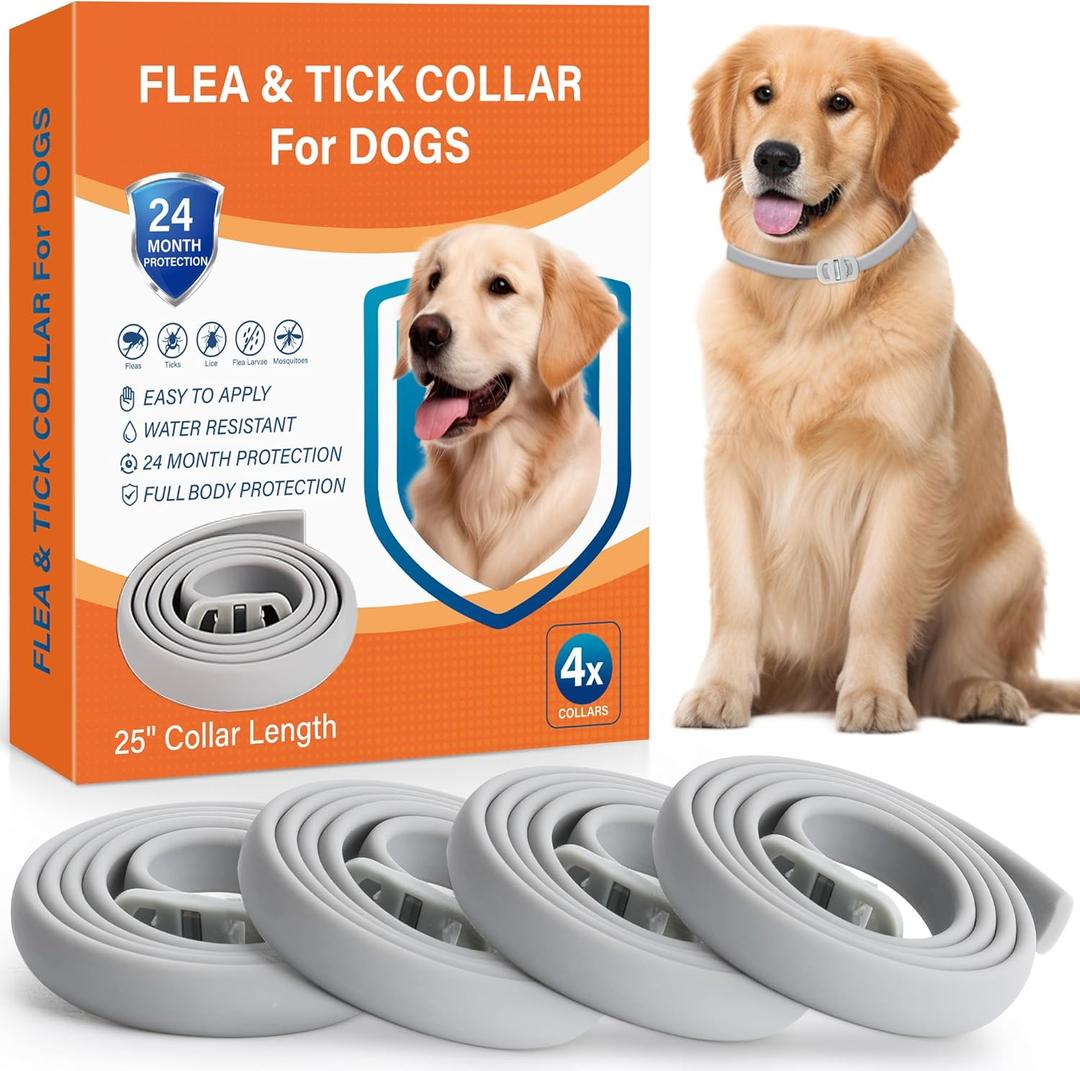 4 Pack Flea and Tick Collar for Dogs - 25" Adjustable Collar Fits Dogs, Long-Lasting 24-Month Protection for Small, Medium, and Large Dog  Waterproof Flea Tick Prevention