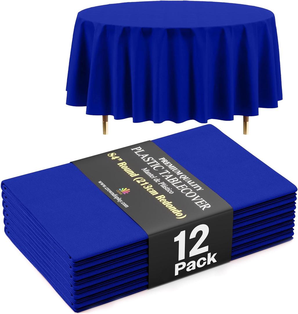 Exquisite 66% Thicker Premium Dark Blue Round Tablecloth 0.5 Mil 12 Pack Plastic Table Cloth Disposable 84 Inch Round Plastic Tablecloth Won't Tear Easily Like Cheap Thin Brands