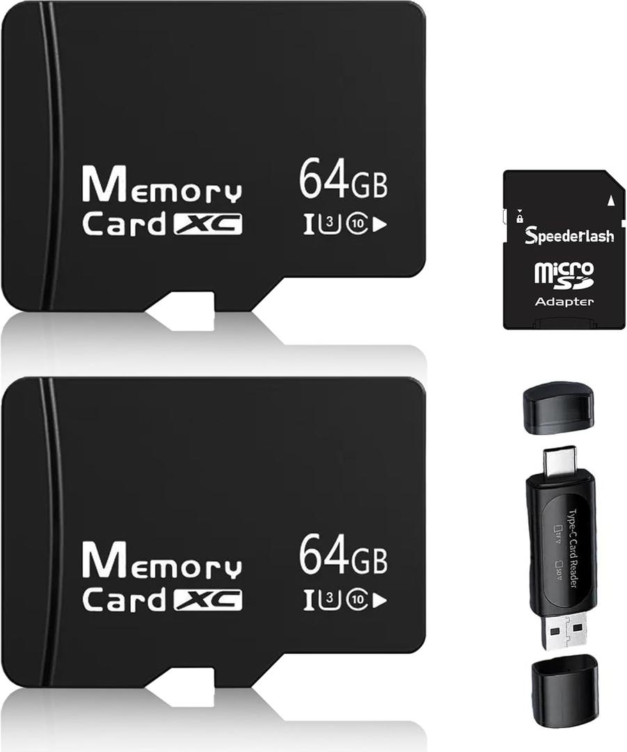 2-Pack 64GB MicroSDXC Memory Cards with SD Adapter & Universal USB Reader, V30 U3 Rated, 4K Video Recording Cards for Security Cams, Tablets & Dash Cams