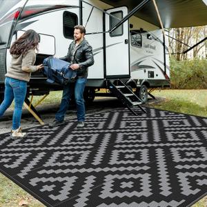 GENIMO Outdoor Rug Waterproof, 10' x 10' Reversible Plastic Straw Rug, Lightweight Large RV Camping Mat for Patio, Deck, Camper, Balcony, Backyard, Picnic, Black & Gray