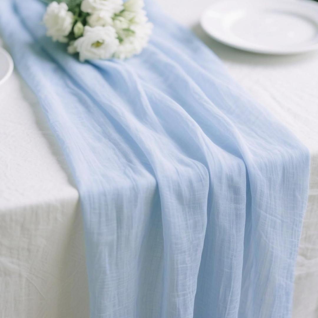 Light Blue Cheesecloth Table Runner 10ft Sheer Cheese Cloth Table Runner 35x120 Inches Boho Baby Blue Gauze for Wedding Birthday Party Christmas Table Decorations